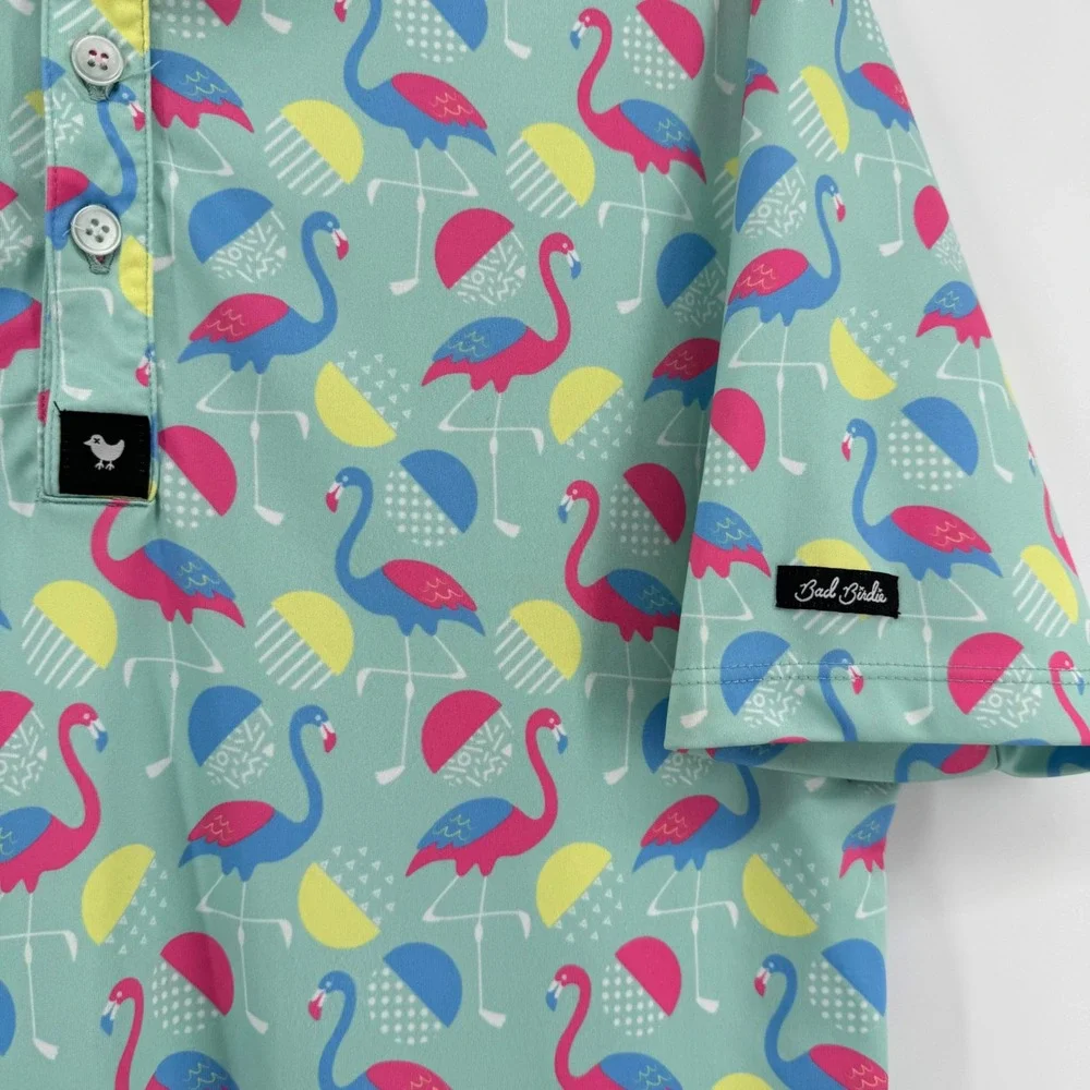 Bad Birdie Golf Polo Mens M Teal Flamingo Print Short Sleeve Performance Shirt
